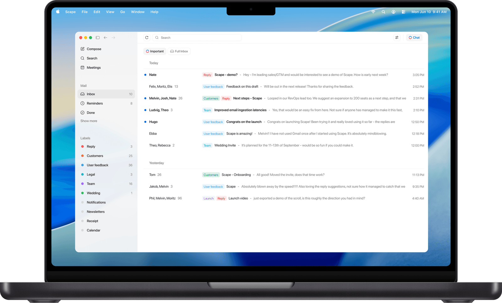 Scape inbox preview on a MacBook.
